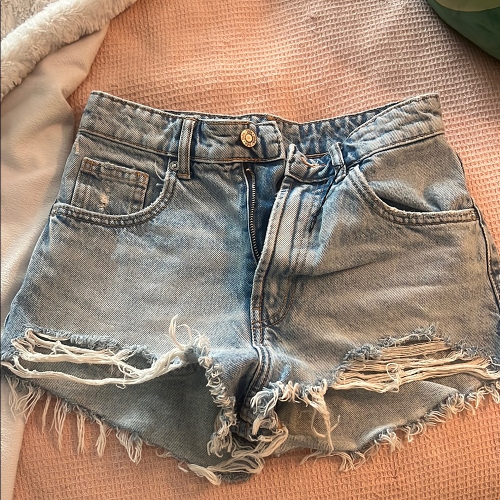 Zara Casual Light Blue Distressed Jean Shorts